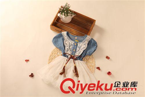 夏款特价清仓 2014款韩版原单外贸女童连衣裙 时尚蕾丝领牛仔连衣裙