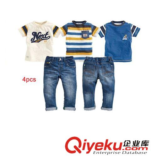 欧美系列汇总 品牌童装 外贸原单童套装 男童休闲米白T+条纹T+彩兰T+牛仔四件套