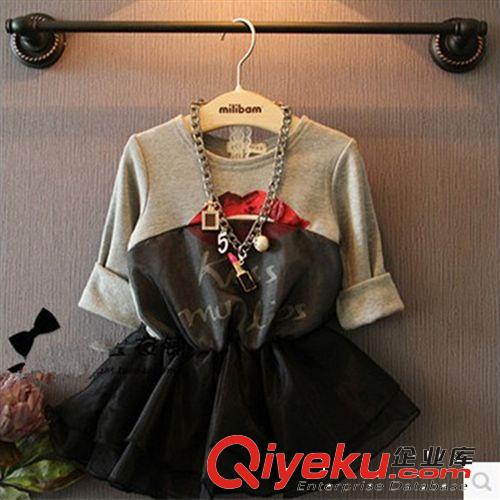 9月18号 2014女童欧洲站秋季新品超洋气红唇欧根纱收腰裙式长袖 批发代发
