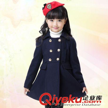 2014年新款女童外套 热销欧美时尚女童呢子圆领呢大衣冬季纯色长袖加厚外套批发