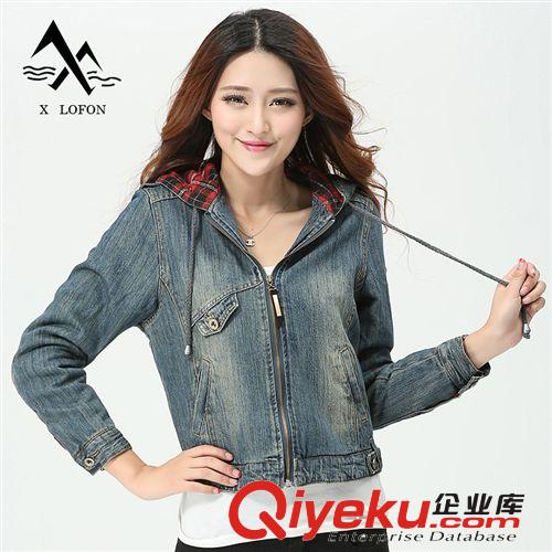 牛仔衣 2014{zx1}款女装牛仔衣服格子上衣时尚秋冬装长袖外套拉链带帽装饰