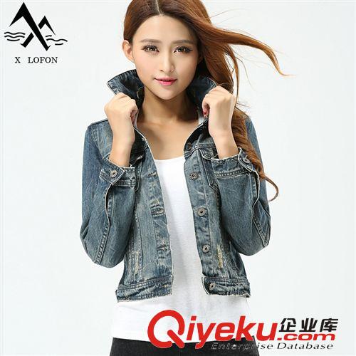 秋冬装 2014{zx1}款女装牛仔衣服格子上衣时尚秋冬装长袖外套拉链带帽装饰