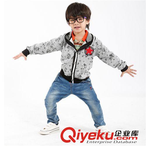 V领 2014童装秋款新款男装休闲连帽V领卡通图案童外套0027#韩版上衣