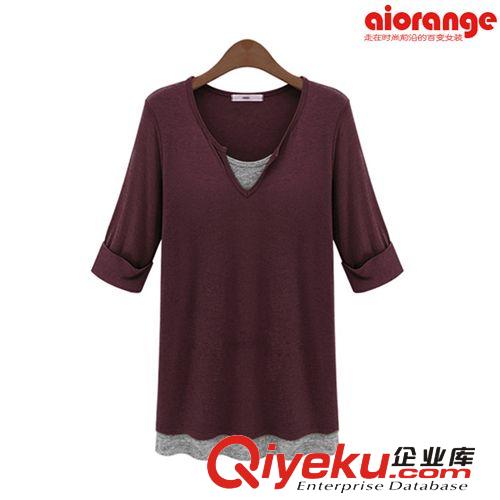 春夏新款欧美个性拼接高弹简约莫代尔V领中袖t恤女款打底衫264