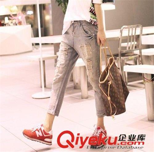 一件代发 女装加盟2014新品韩版夏季女装休闲磨破珠片九分牛仔裤