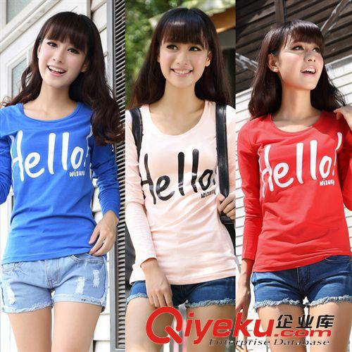 批发秋装女款新款圆领hello字母印花长袖女式T恤纯棉打底衫代理