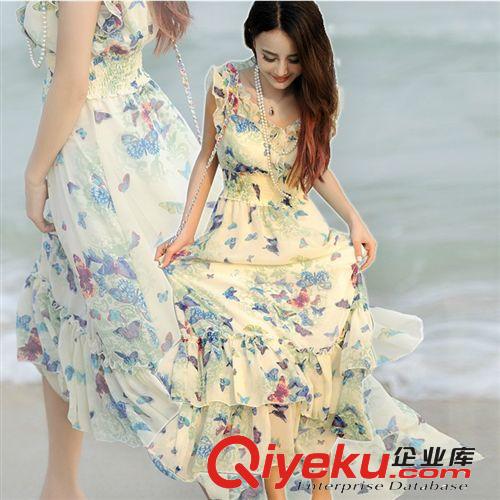 2014夏季新款荷叶边显瘦雪纺连衣裙夏季波西米亚沙滩裙长裙女E140