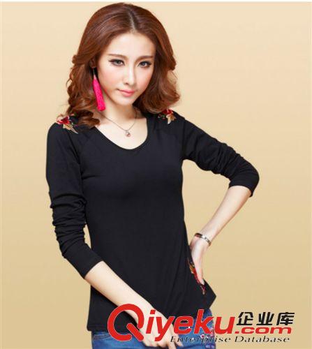 订做2014新款女装春秋款女装长袖绣花百搭时尚圆领修身T恤韩潮