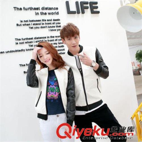 新款秋装黑白拼接拉链口袋情侣装外套杨幂同款皮衣棒球衫677