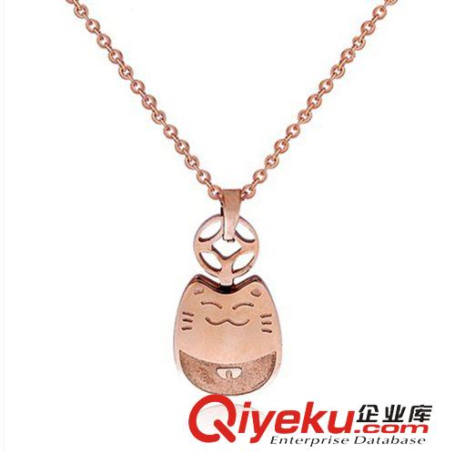 钛钢玫瑰金项链 热销。厂家直销 可爱招财猫14K玫瑰金色彩金项链 钛钢韩版锁骨链