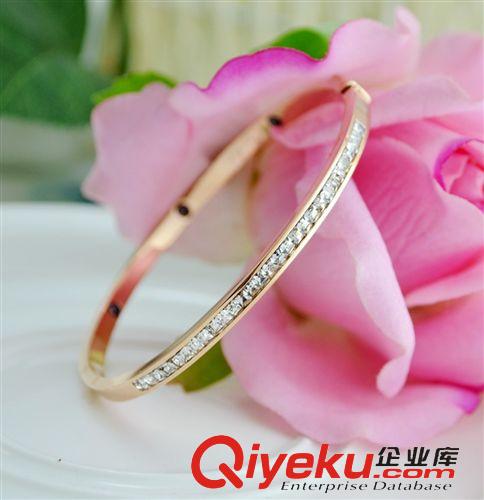 钛钢玫瑰金手镯 工厂直销 欧美大牌 水晶钻手镯 满钻玫瑰金钛钢手镯14k钻石手环
