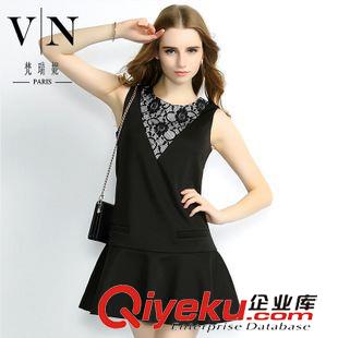 连衣裙 特价清仓  欧美蕾丝拼接背心裙 气质荷叶摆连衣裙VNA90029