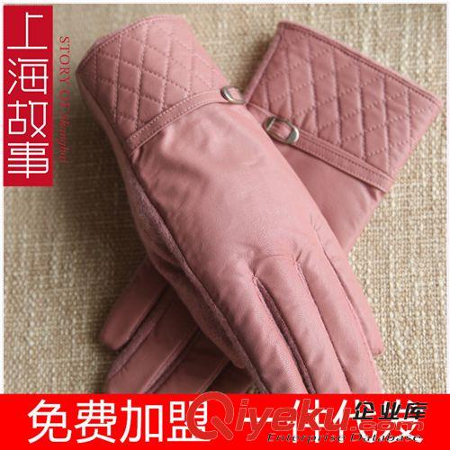 2014年9月新款 gs0092上海故事女生皮手套女士格纹双层加厚防寒保暖女羊毛手套