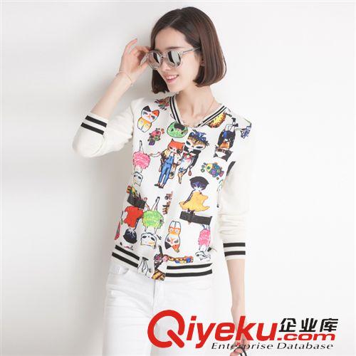 2月1日上新 2015新款女式立领印卡通图案单排扣针织开衫拼接夹克毛衣