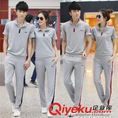  情侣短袖套装 2015春夏季V圆领情侣套装健身房运动服男女大码卫衣短袖全棉套头
