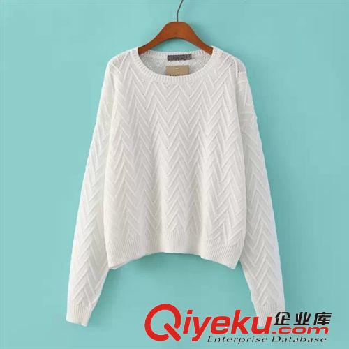 2014歐美大牌秋冬季新款 女式蝙蝠袖純白色v形紋路圓領(lǐng)針織毛衣原始圖片3