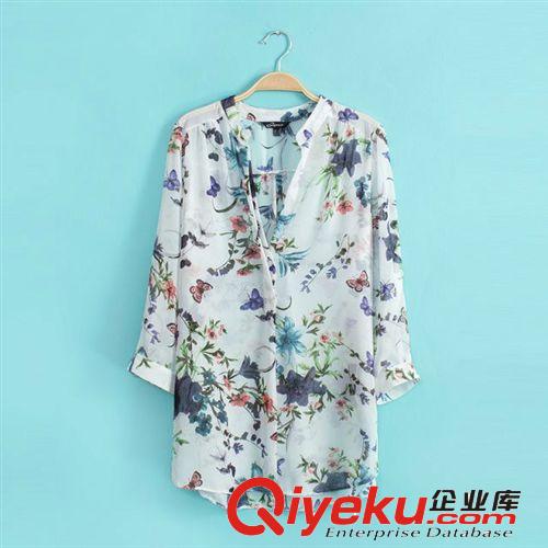 歐美女裝2014夏季新款 ASOS同款花草蝴蝶V領印花襯衣女式襯衫原始圖片2
