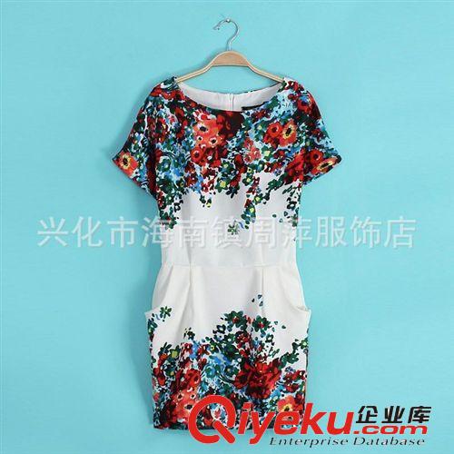 女裝批發(fā) 2014新款歐美風(fēng)走秀款雪紡定位印花顯瘦修身短袖連衣裙原始圖片2