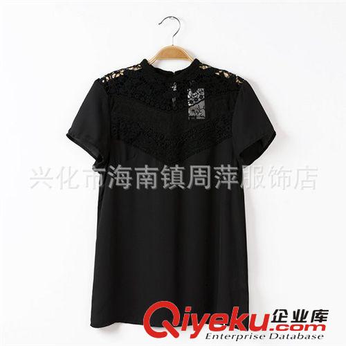 歐美女裝夏季新款 HM女式蕾絲拼接套頭短袖襯衫 雪紡套頭襯衫女原始圖片2