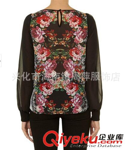 歐美2014新款TOPSHOP女式東方氣質(zhì)印花拼接長(zhǎng)袖雪紡衫 套頭襯衫女原始圖片2