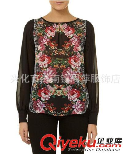 歐美2014新款TOPSHOP女式東方氣質(zhì)印花拼接長(zhǎng)袖雪紡衫 套頭襯衫女原始圖片3