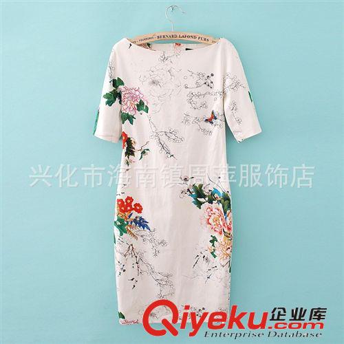 2013歐美夏季新款 牡丹花小鳥印花旗袍式修身圓領(lǐng)短袖女式連衣裙原始圖片2