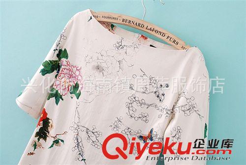 2013歐美夏季新款 牡丹花小鳥印花旗袍式修身圓領(lǐng)短袖女式連衣裙原始圖片3