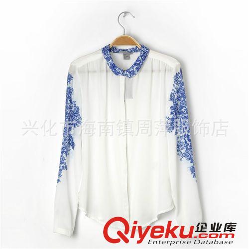 歐美春夏新款 HM同款復(fù)古青花瓷印花雪紡襯衫 女式襯衫長袖襯衣女原始圖片3