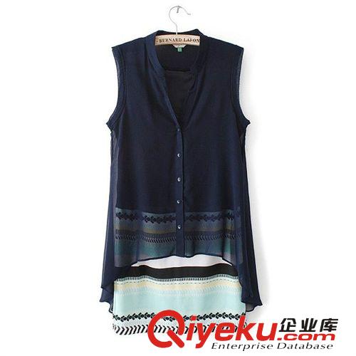 2014新款 歐美女裝Lily同款雪紡V領(lǐng)假兩件彩色條紋拼接無袖連衣裙原始圖片3