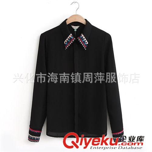 2014歐美Lily春夏女裝新款襯衫 女式復古民族刺繡領長袖雪紡襯衫原始圖片2