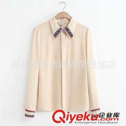 2014歐美Lily春夏女裝新款襯衫 女式復古民族刺繡領長袖雪紡襯衫原始圖片3