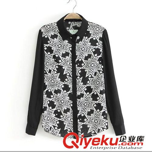 2014春秋裝新款 LI*LY同款女式時尚拼色幾何復(fù)古印花雪紡襯衫原始圖片3