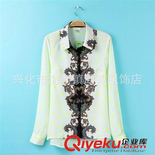 2014春夏女裝新款 Lily歐美女式時尚撞色蝴蝶結(jié)印花雪紡襯衫長袖
