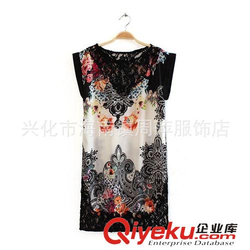 2013MAN/GO秋冬新款連衣裙 歐美時(shí)尚富貴蕾絲拼接印花圓領(lǐng)連衣裙原始圖片2