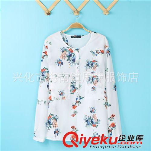 清倉處理 MAN/GO歐美雙口袋套頭印花襯衫 長袖圓領(lǐng)女式襯衫原始圖片3
