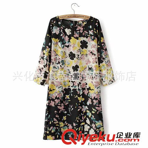 歐美女裝2014新款 MAN*GO同款七分袖圓領修身漸變印花連衣裙 批發原始圖片2