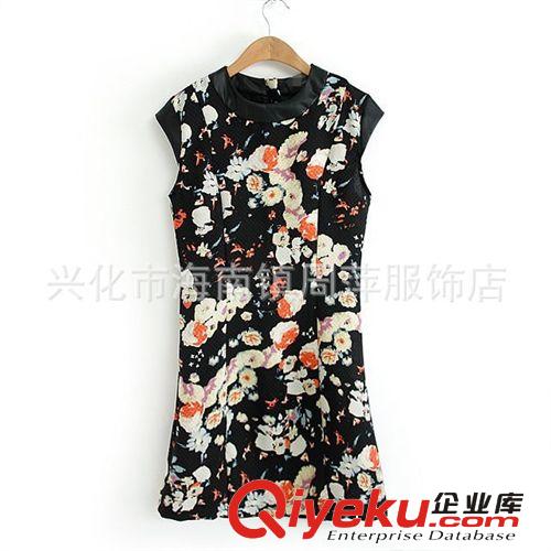 MANGO同款拼皮領印花連衣裙 歐美女式背后拉鏈無袖圓領修身連衣裙原始圖片3