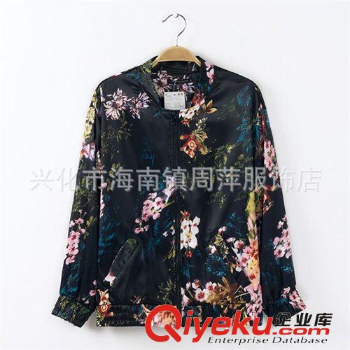 14春季女裝外套新款 歐美MANGO女式黑底青花瓷花朵印花夾克外套女原始圖片3