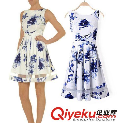 歐美女裝2014新款 top*shop青花瓷印花修身無袖連衣裙