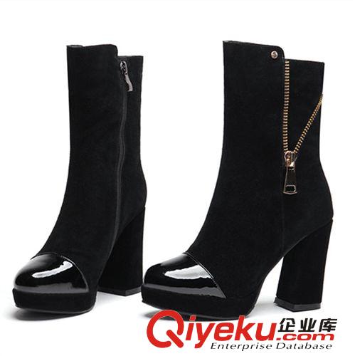 真皮靴子女2014秋冬新款歐美潮流磨砂牛皮粗跟中筒靴高跟馬丁靴原始圖片2