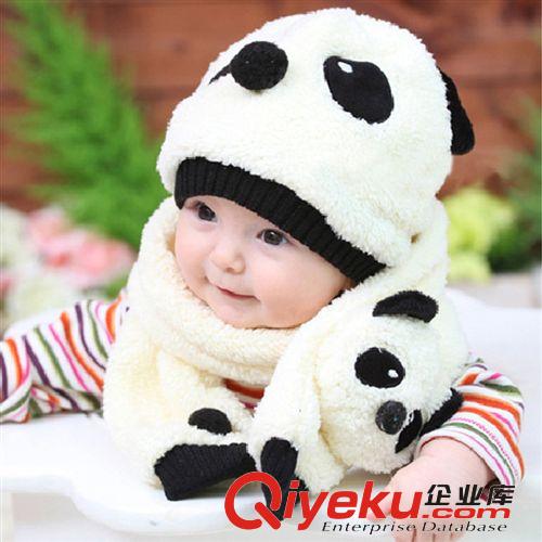 秋冬季新款寶寶帽 熊貓毛絨帽子圍巾套裝 兒童帽子批發(fā)原始圖片2