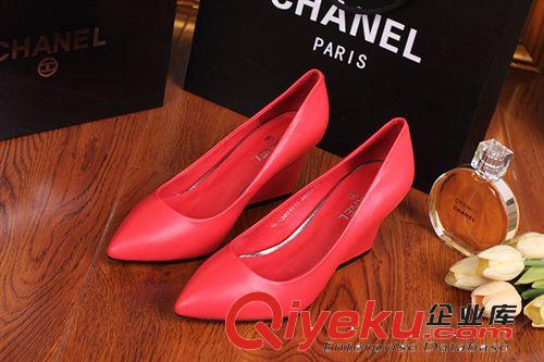 單鞋 2014{zx1}款歐美軟牛皮坡跟女鞋尖頭包腳高跟鞋淺口單鞋  33原始圖片3