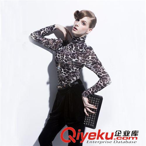 第4期新款針織衫 毛衣 秋裝新款 歐美gd 豹紋修身高領長袖蕾絲打底衫女原始圖片2