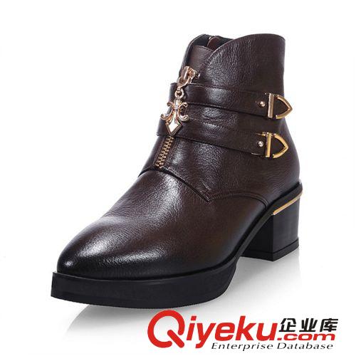10月1期短靴 秋冬時尚全zp女靴英倫尖頭扣帶防水臺粗跟中跟拉鏈短靴新款休閑原始圖片3