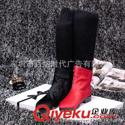 10月6期鞋區 歐美dp2014秋新款女靴馬毛尖頭低跟平底長靴彈力毛線靴高筒靴