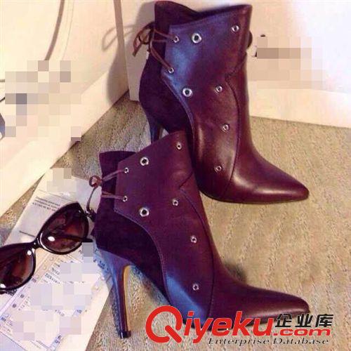 歐美高端大牌女短靴 裸靴 歐美真皮高跟短靴細跟系帶英倫尖頭女馬丁靴裸靴子2014秋冬款女鞋