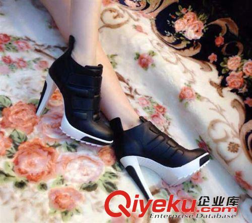女款 歐洲站2014秋季真皮魔術貼高幫女鞋圓頭防水臺高跟時尚休閑單鞋原始圖片2