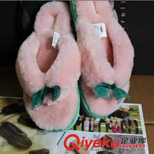 秋冬新品 廠家批發(fā)羊皮毛一體人字拖 蝴蝶結絲帶夾趾拖鞋一件代發(fā)原始圖片3
