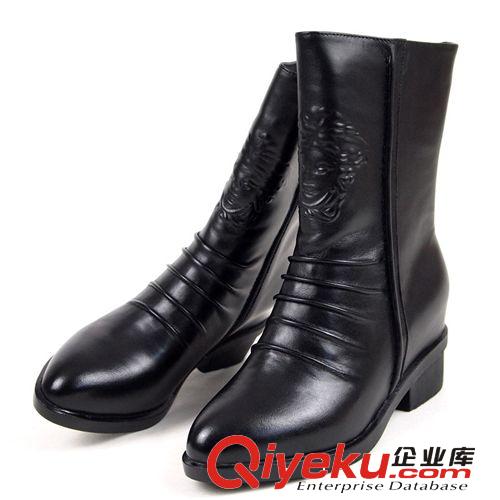 一件起批 專區(qū) 2014秋冬款尖頭中筒靴女休閑騎士靴車縫線粗跟內增高單靴壓花女靴原始圖片2