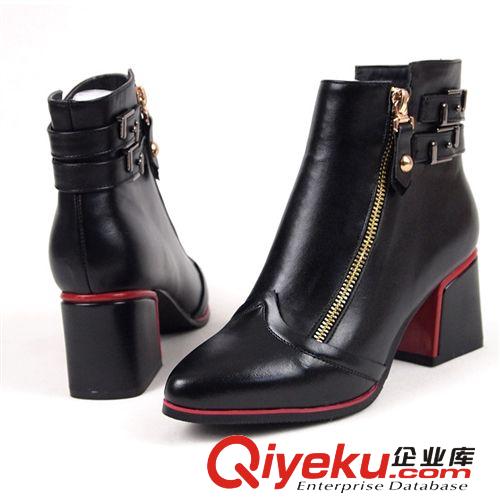 一件起批 專區(qū) 2014秋款歐美zp短靴低筒尖頭中跟粗跟女單靴子牛層皮女靴批發(fā)原始圖片2